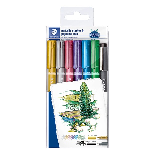 Művészeti marker Staedtler Design Journey metálszínű 6 db-os klt. + fekete tusfilc 1 Művészeti marker Staedtler Design Journey metálszínű 6 db-os klt. + fekete tusfilc