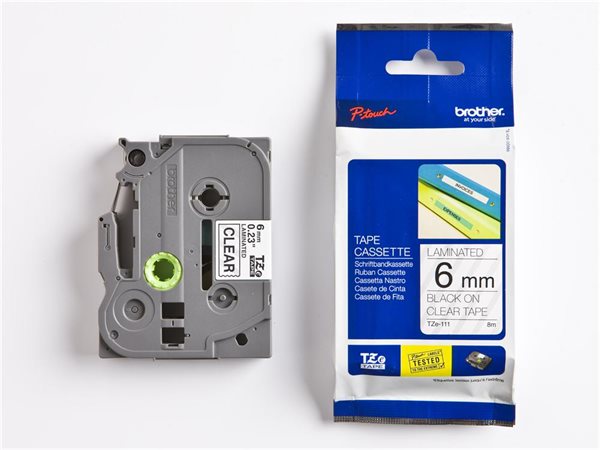 Feliratozógép szalag, 6 mm x 8 m, BROTHER, "TZe-111" víztiszta-fekete 1 BROTHER