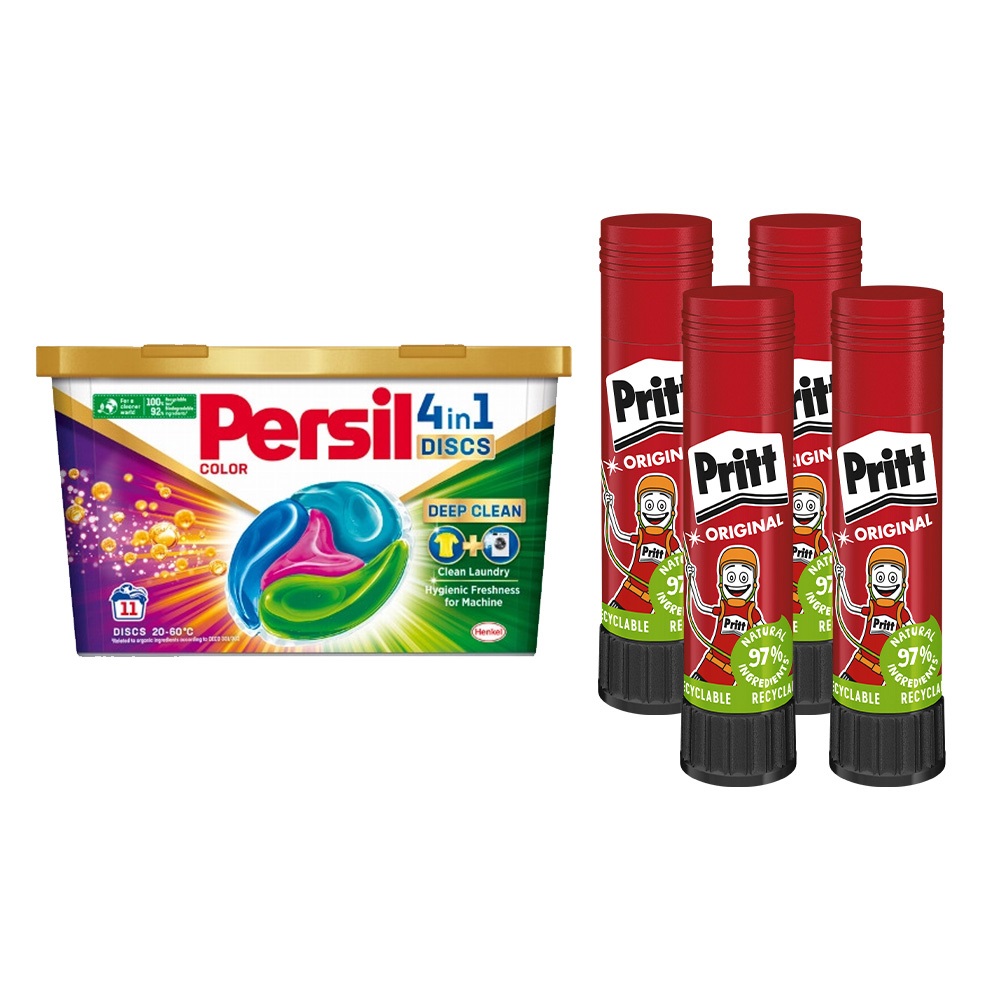Ragasztóstift 11 g AKCIÓS CSOMAG + Persil Discs Color mosókapszula 100x11 g (4x25 db ) stift Pritt 1 Ragasztóstift 11 g AKCIÓS CSOMAG + Persil Discs Color mosókapszula 100x11 g (4x25 db ) stift Pritt