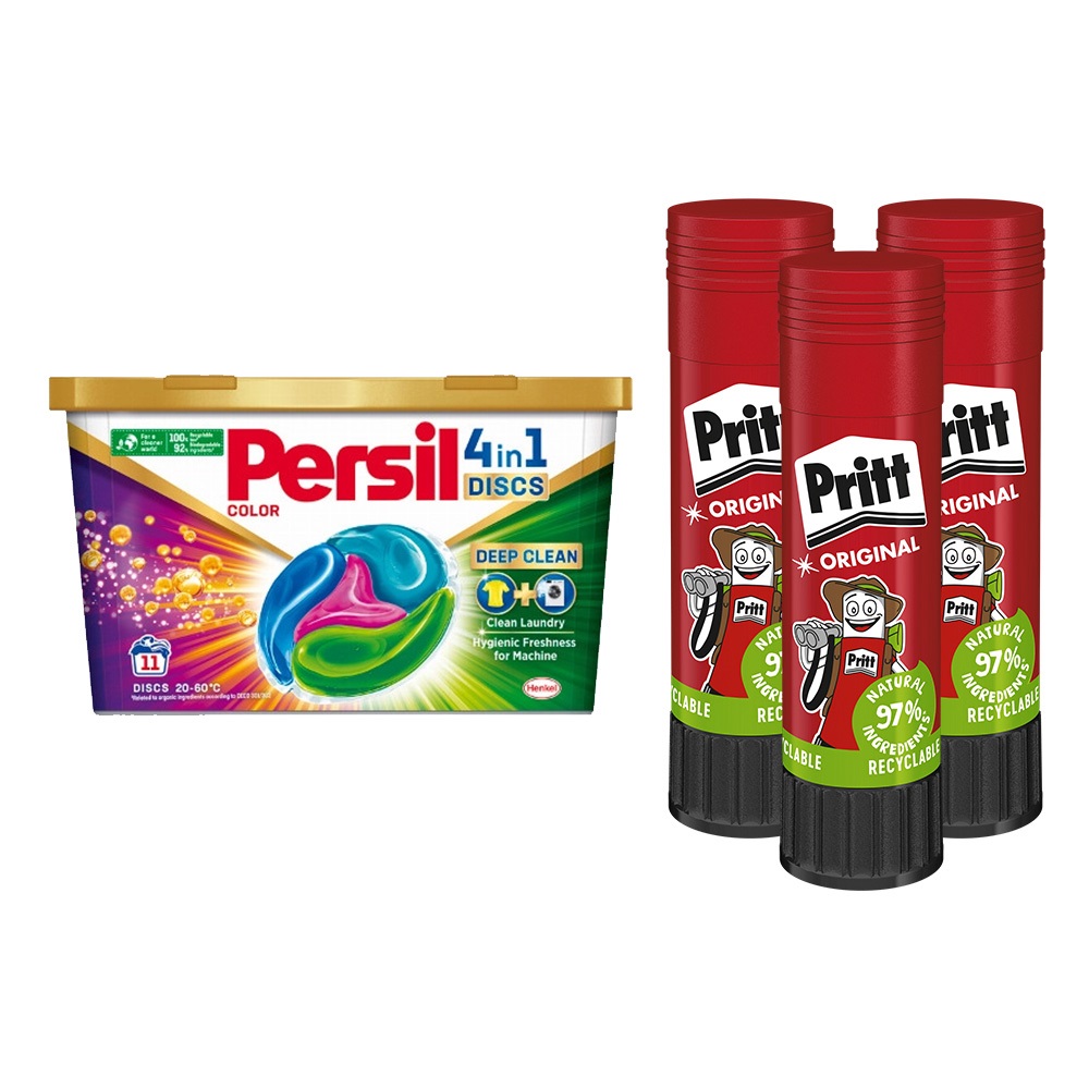 Ragasztóstift 22 g AKCIÓS CSOMAG +Persil Discs Color mosókapszula 72x22 g (6x12 db ) stift Pritt 1 Ragasztóstift 22 g AKCIÓS CSOMAG +Persil Discs Color mosókapszula 72x22 g (6x12 db ) stift Pritt