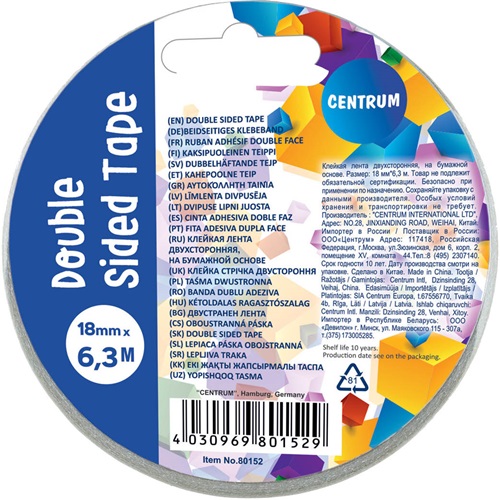 Ragasztószalag kétoldalas Centrum 18 mm x 6.3 m 1 Ragasztószalag kétoldalas Centrum 18 mm x 6.3 m