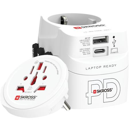 Adapter, világutazóknak, 1xUSB-A, 1xUSB-C PD, 45W, USB-C kábel, SKROSS 1 SKROSS