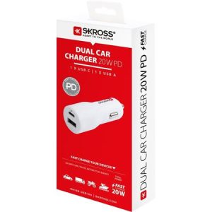 Autós töltő, 1xUSB-A, 1xUSB-C PD, 20W, SKROSS