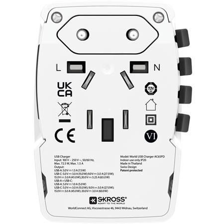 Hálózati töltő, világutazóknak, 1xUSB-A, 1xUSB-C PD, 65W, USB-C kábel, SKROSS 3 Hálózati töltők