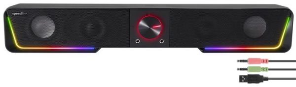 Hangszóró, 12W, 2x3.5 mm jack + USB-A, SPEEDLINK "GRAVITY RGB Stereo Soundbar", fekete