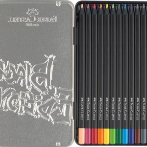 Színes ceruza készlet, háromszögletű, fémdobozban, FABER-CASTELL "Black Edition", 12 különböző szín