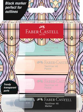 Szövegkiemelő készlet, FABER-CASTELL "Glassy", 3 különböző pasztell szín + fekete 1 FABER-CASTELL