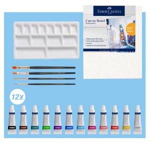 Akrilfesték készlet festővászonnal, tubusos, FABER-CASTELL "Creative Studio", 12 különböző szín