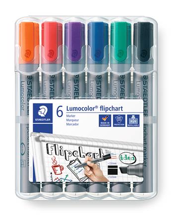 Flipchart marker készlet, 2-5 mm, vágott, STAEDTLER "Lumocolor 356 B", 6 különböző szín 1 STAEDTLER