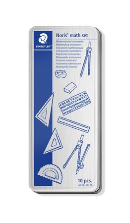 Matematikai készlet, fém dobozban, 10 darabos, vonalzóval, körzővel és kiegészítőkkel, STAEDTLER® "557 10" 1 STAEDTLER