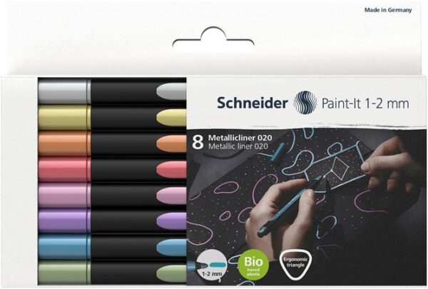 Metálfényű filctoll készlet, 1-2 mm, SCHNEIDER "Paint-It 020", 8 különböző szín