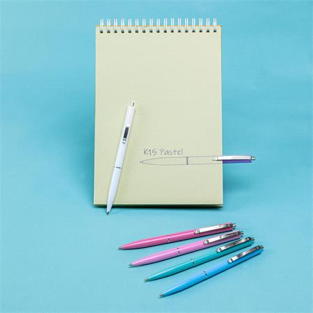 Golyóstoll, 0,5 mm, nyomógombos, vegyes pasztelt tolltest, SCHNEIDER "K15", kék 3 Műanyag testű cserélhető betétes golyóstollak