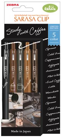 Zseléstoll, 0,33 mm, nyomógombos, ZEBRA "Sarasa Study with Coffee", 5 különböző szín 1 ZEBRA