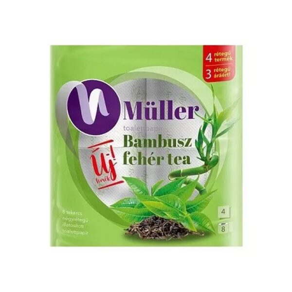 Toalettpapir 4 retegu kistekercses 100 celluloz 8 tekercs csomag Bambusz Muller feher tea i536089