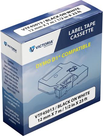 Feliratozógép szalag, 12 mm x 7 m, VICTORIA TECHNOLOGY, fehér-fekete 1 VICTORIA TECHNOLOGY